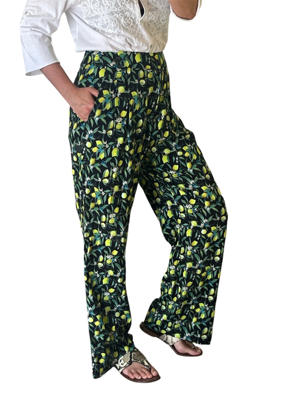 WildFang lemon citrus print wide leg pants the Empower wide leg trouser size 6